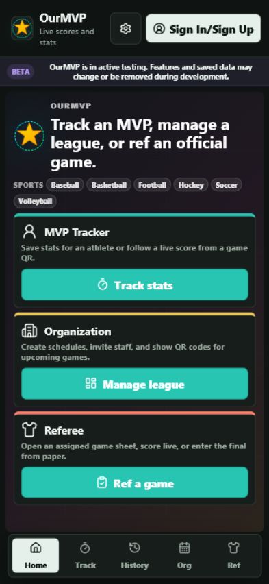 OurMVP home screen on mobile