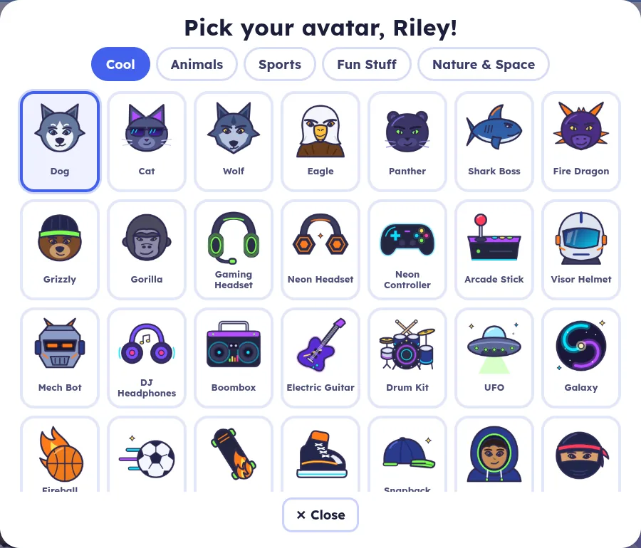 The avatar picker: group tabs Cool, Animals, Sports, Fun Stuff and Nature &amp; Space, and a grid of Cool pictures such as Dog, Wolf, Gaming Headset and Drum Kit