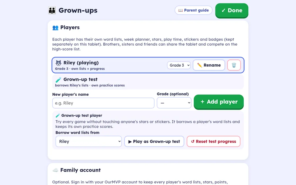 The top of the Grown-ups area with the Players panel and the Done button