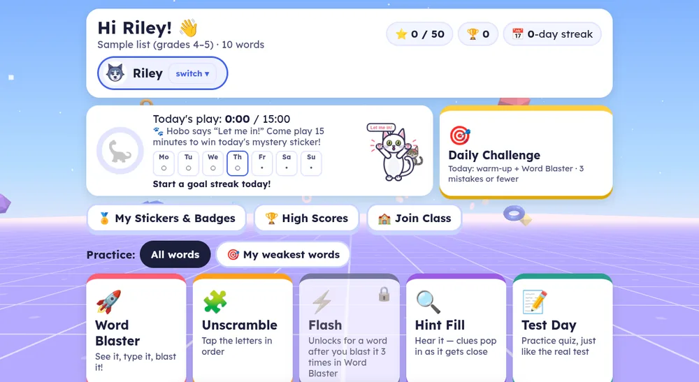 The Word Blaster menu with today's play time, the Daily Challenge and the game modes.