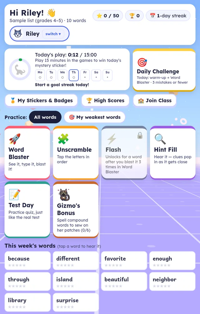The Word Blaster menu for the player Riley: stars, streak, today's play time, Daily Challenge, Stickers, High Scores, Join Class, the game modes, Gizmo's Bonus and this week's words