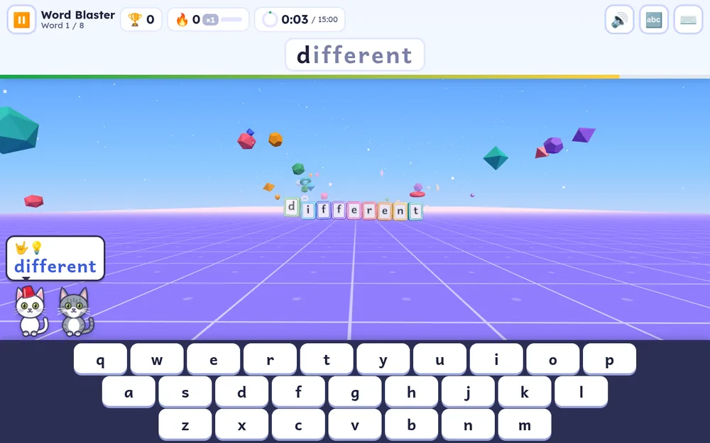 A Word Blaster round: the word enough shown at the top and its letter tiles flying across a 3D stage, with an on-screen keyboard