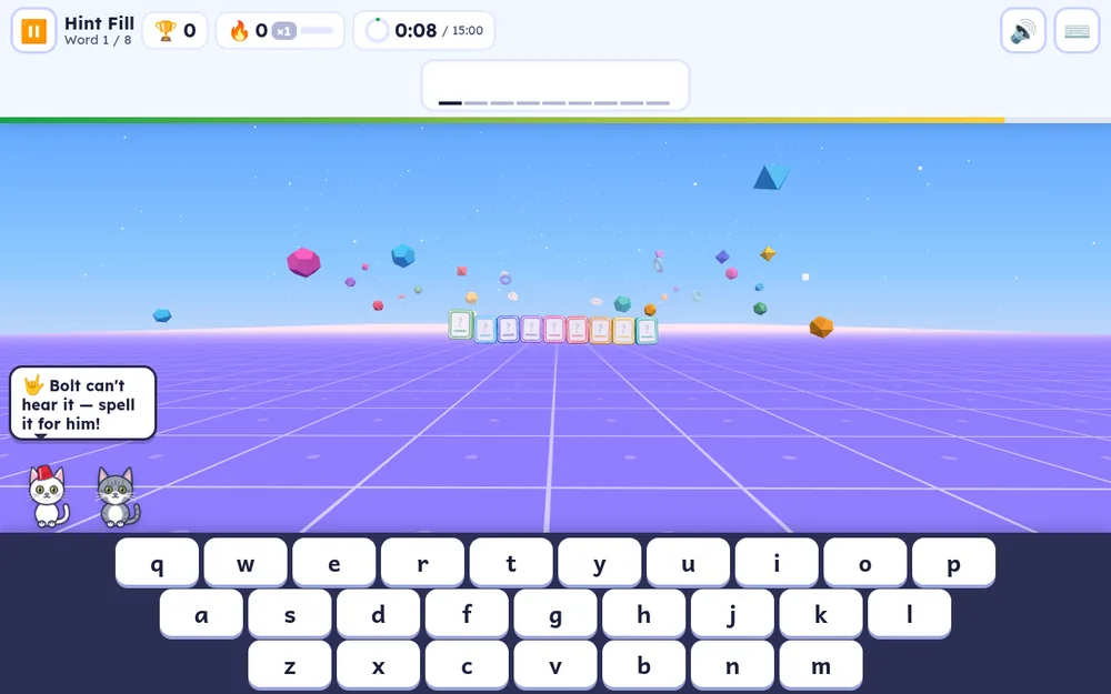 A Hint Fill round: blank tiles to fill in after hearing the word