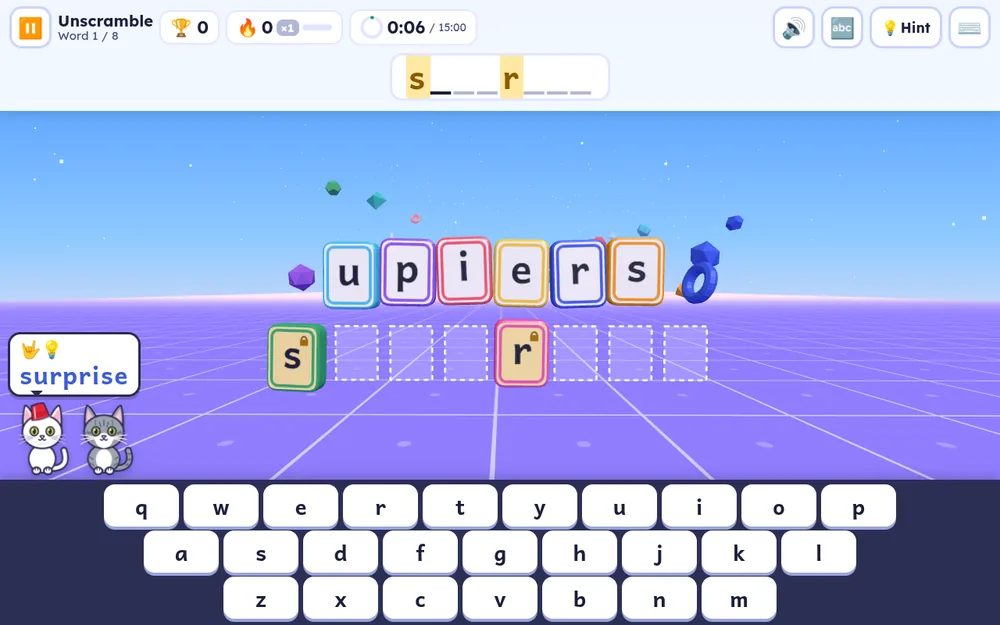 An Unscramble round for the word surprise: the letters S and R are locked in place as gold starter tiles, and the rest are jumbled above
