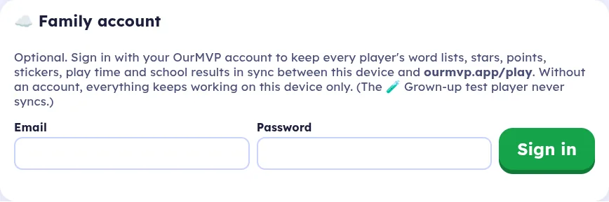 The Family account panel with Email and Password boxes and a Sign in button