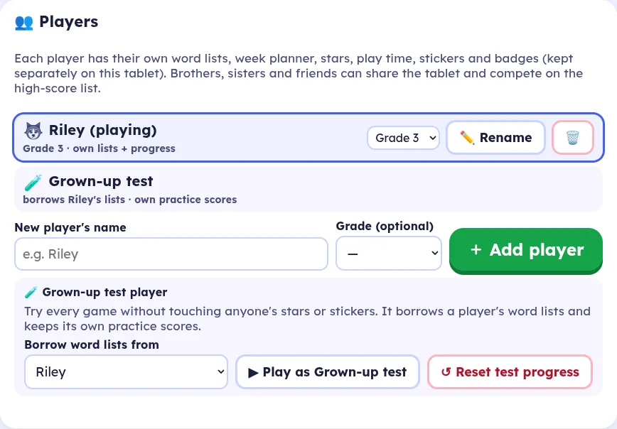 The Players panel: the current player, the Grown-up test, and fields to add a new player with a grade