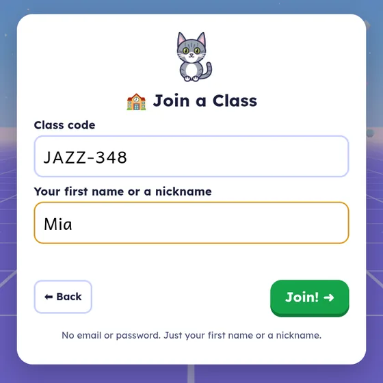 The Join a Class card with the class code JAZZ-348 and the name Mia filled in, and a Join button