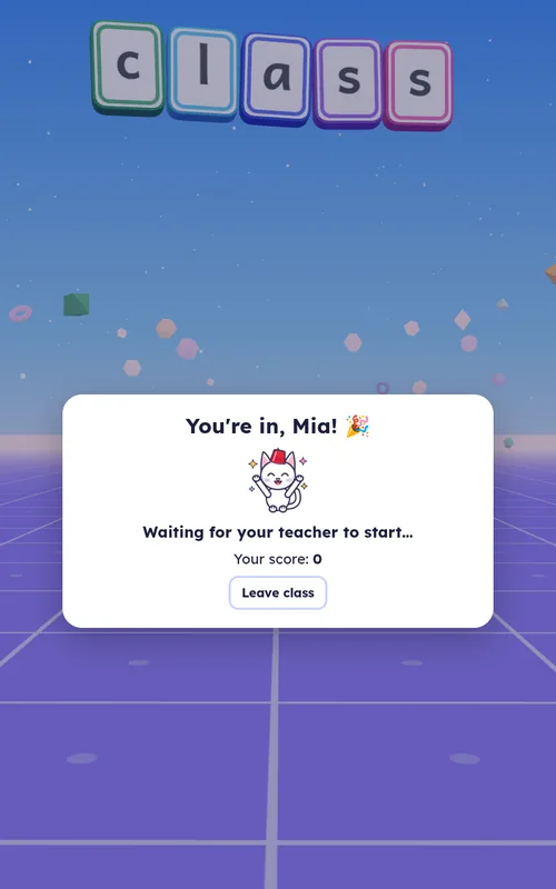 A student tablet showing You're in, Mia! Waiting for your teacher to start