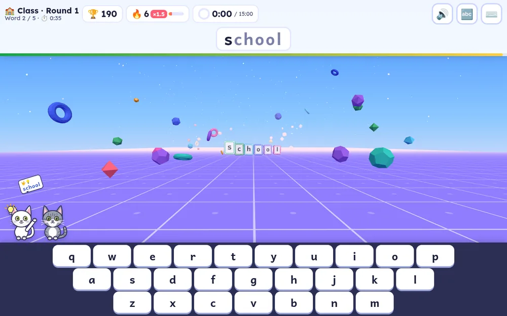 A student's class round on a landscape tablet: the class header, the word school as letter tiles, and the on-screen keyboard