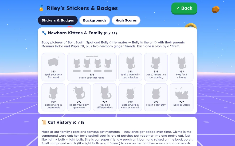 The Stickers and Badges screen showing the Newborn Kittens and Family cat stickers and the Cat History set