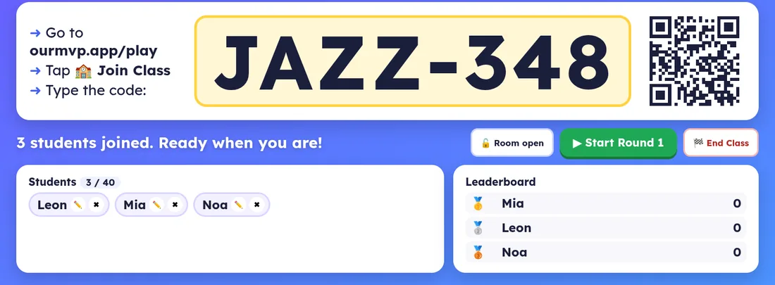 The teacher lobby: the big room code JAZZ-348, a QR code, the join instructions, three students listed (Leon, Mia, Noa), and the Start Round 1 button