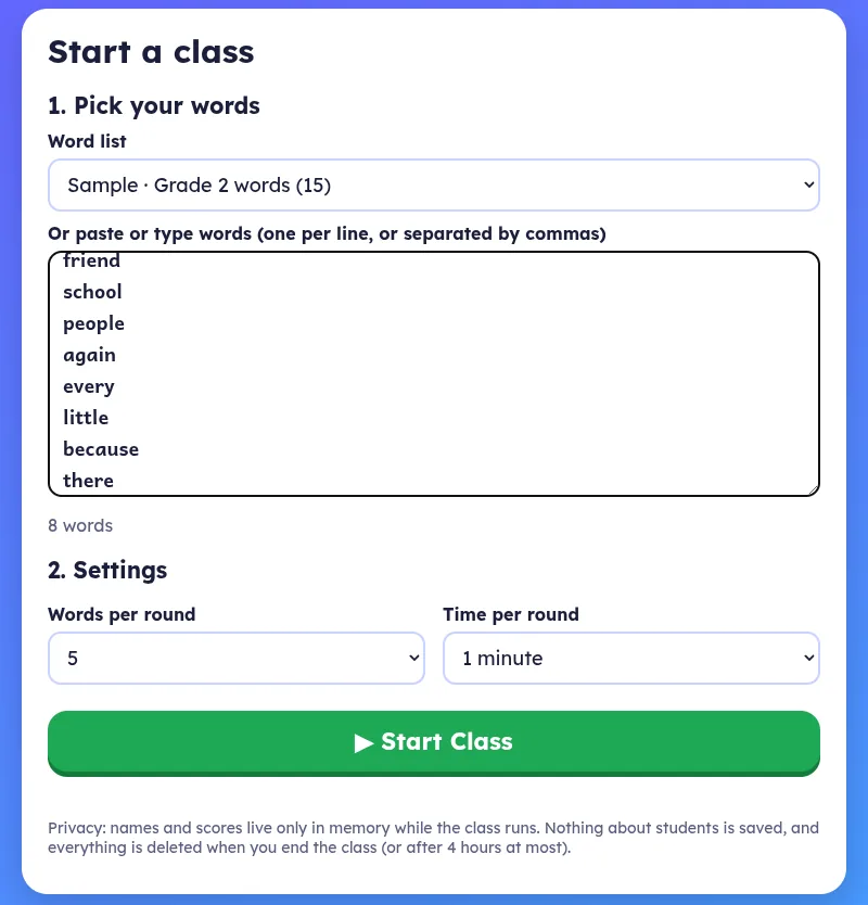 The Start a class card: a word list menu showing a sample Grade 2 list, a box of words, Words per round and Time per round menus, and the Start Class button