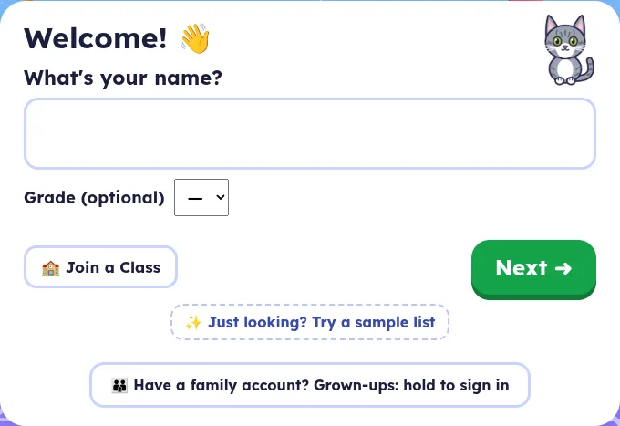 The Welcome card: What's your name, Grade (optional), Join a Class, Next, Try a sample list, and Have a family account