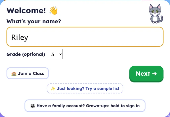The Welcome card with the nickname Riley typed in and grade 3 selected