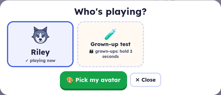 The Who's playing? card with the player Riley, the Grown-up test tile, and the Pick my avatar button