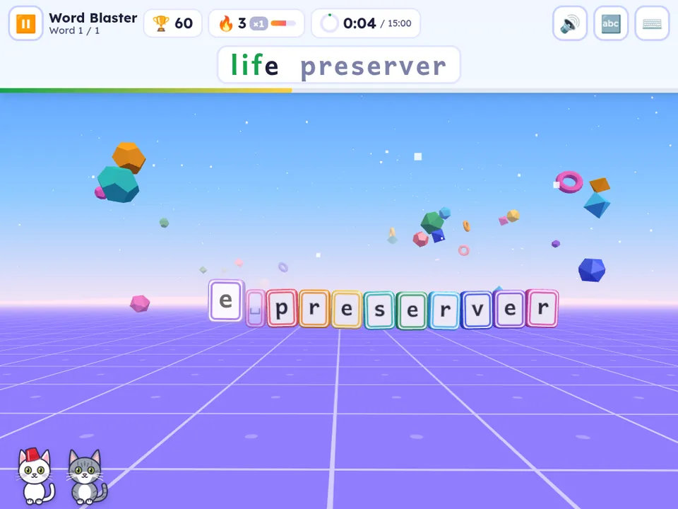 Word Blaster in play: letter tiles for the word 'life preserver' fly across a 3D stage while Bolt and Scotti watch from the corner.