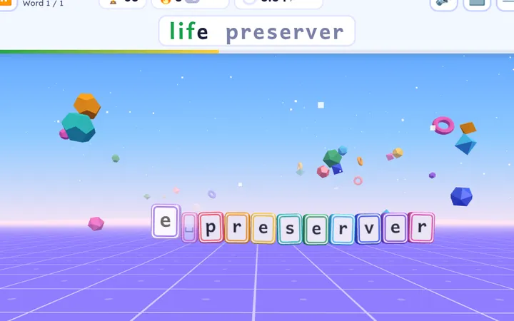 Word Blaster mode: letter tiles exploding as they are typed.