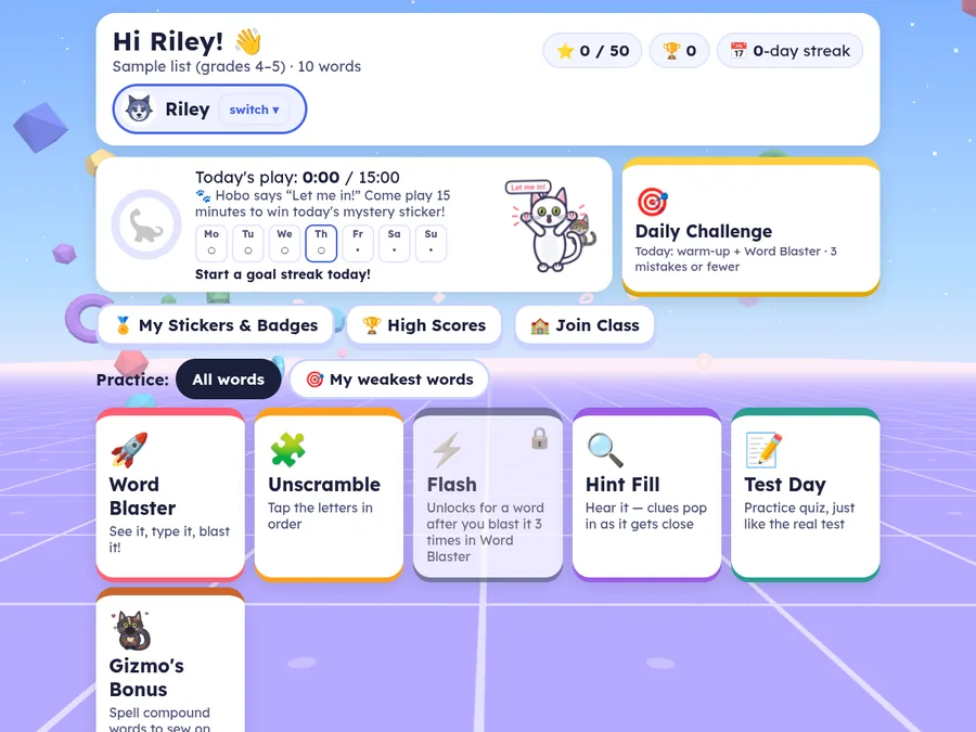 The game menu showing today's play time toward a 15-minute goal, the streak, the daily challenge and the game mode buttons.