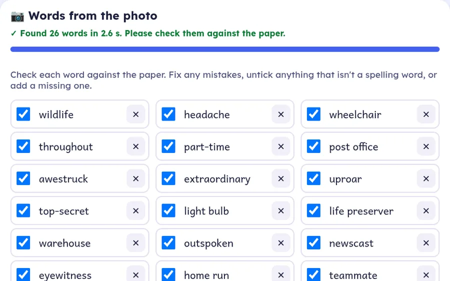 Grown-ups photo import: the words read from a photo of the spelling list, each with a tick box to check before saving.