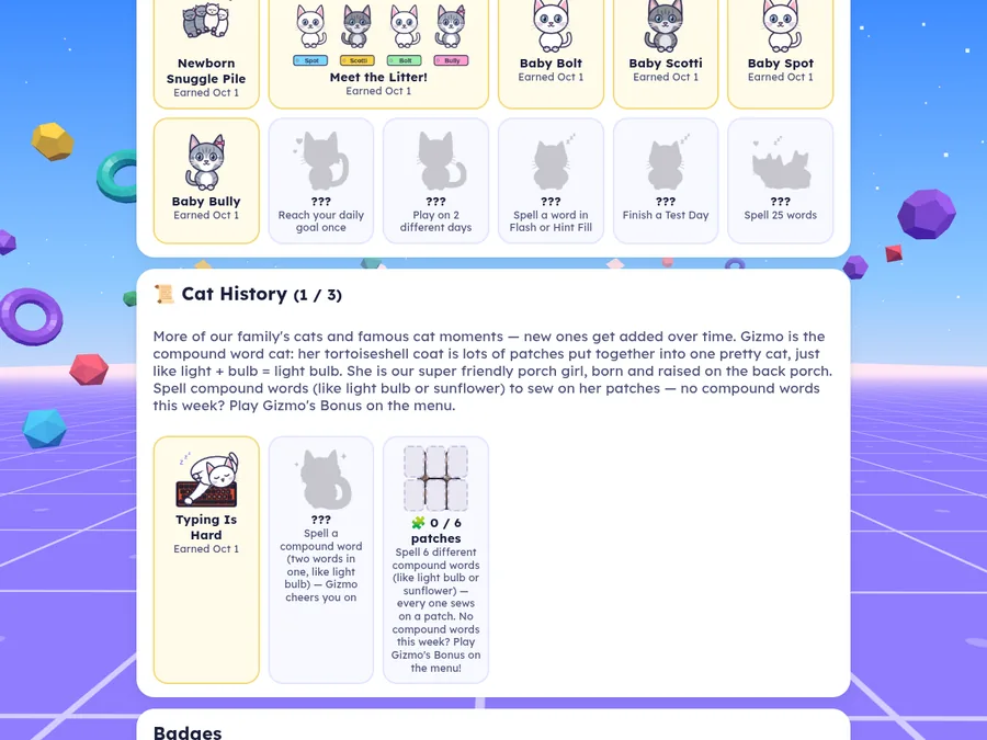 The sticker book with earned kitten stickers and the Cat History page.