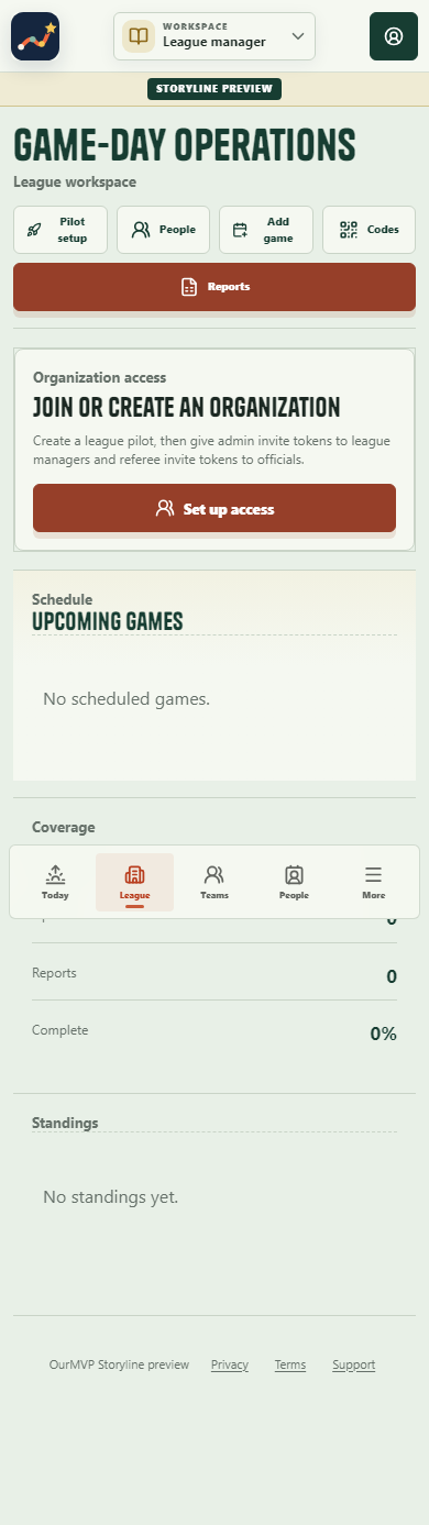 Storyline league manager workspace